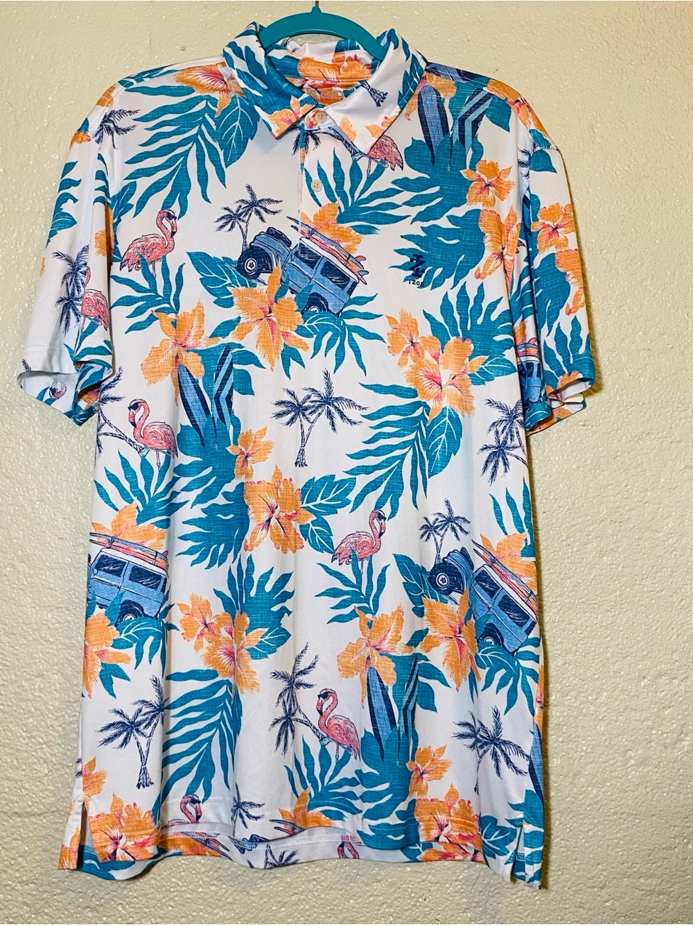 Izod Tropical Surfer Flamingo Print Polo - White, Blue, Yellow
